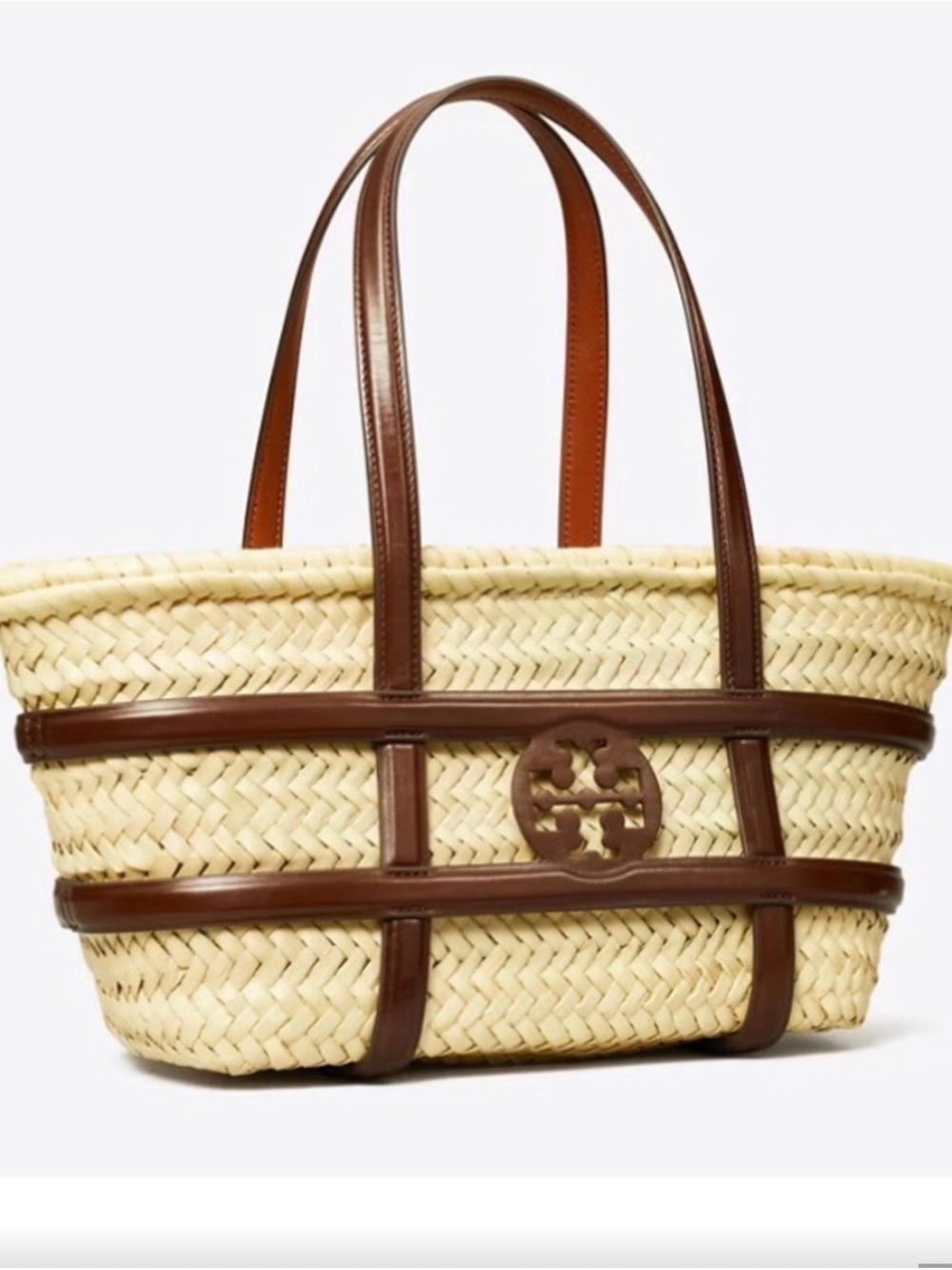 TORY BURCH Woven Straw Tote with Brown Leather Trim
